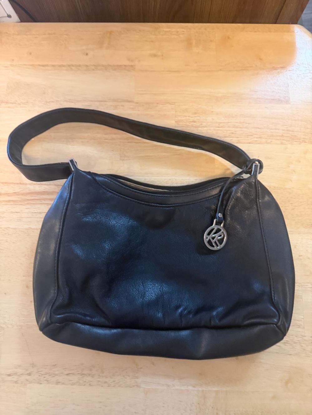 Kim Rogers Black Leather Shoulder Bag with Logo Charm